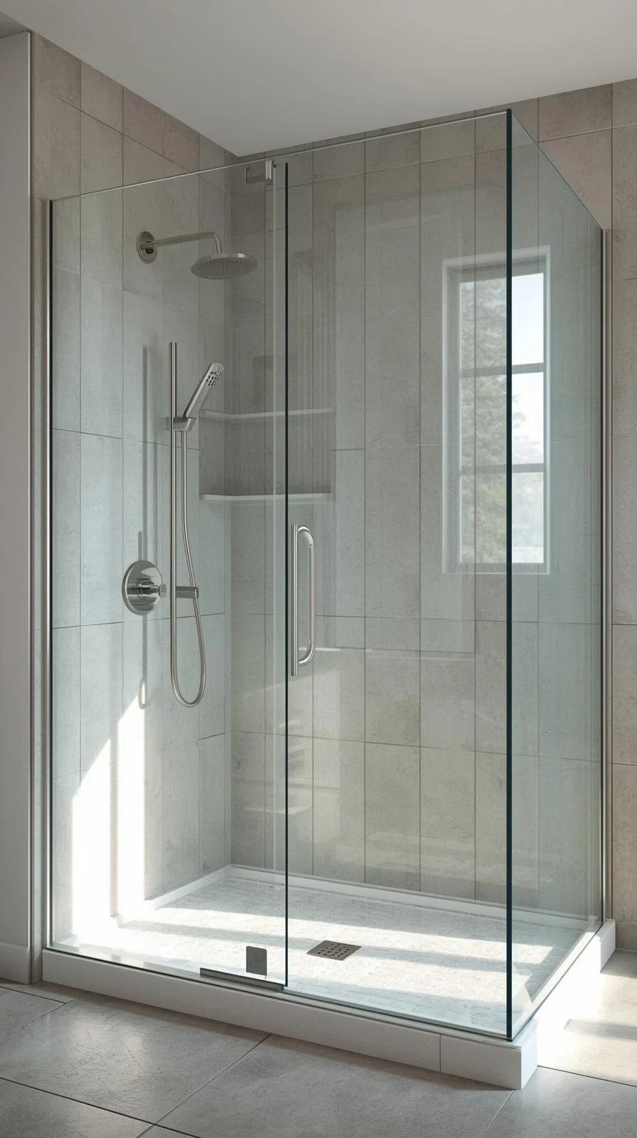 Walk in shower with wall no door ideas using partial glass walls for a bright, modern bathroom design.