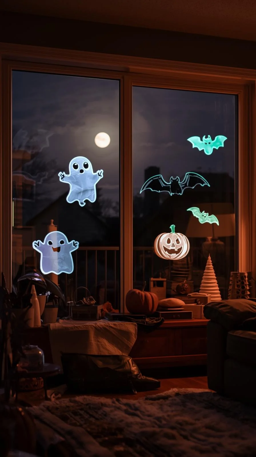 Glow-in-the-dark ghost, bat, and pumpkin window clings as part of 90s Halloween decorations ideas in a cozy living room.