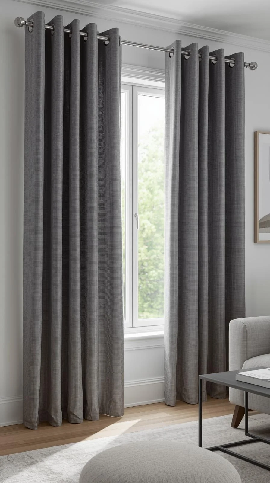 Grommet curtains for living room windows adding a modern, streamlined finish with smooth, easy folds.