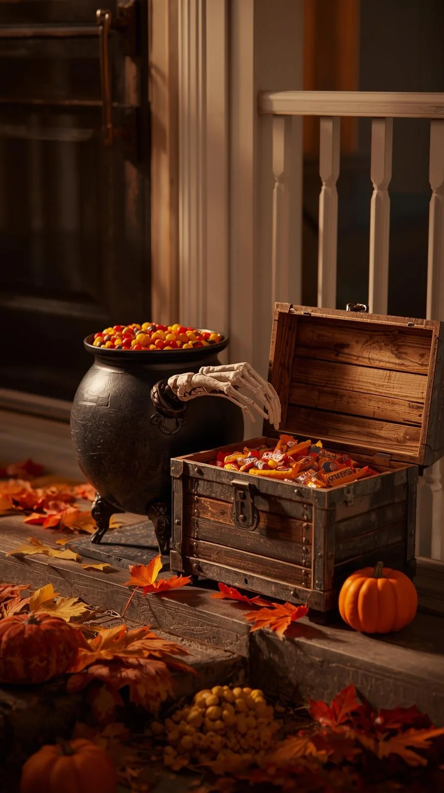 Front porch Halloween ideas with a candy station featuring a cauldron, treasure chest, and skeleton hand for trick-or-treaters.