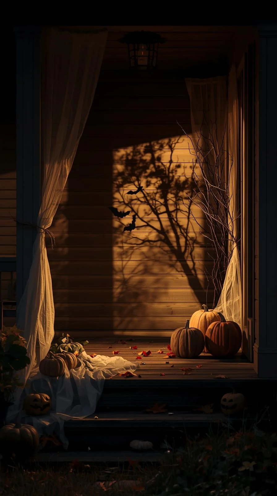 Front porch Halloween ideas with shadows from spotlights and decorations creating a mysterious and spooky effect.