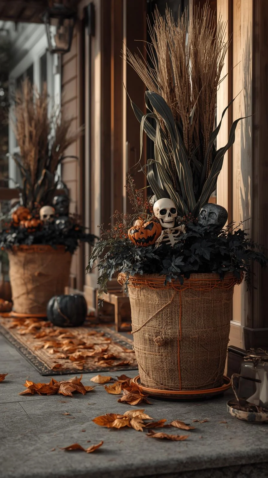 Front porch Halloween ideas with potted plants, corn stalks, and seasonal décor creating a festive autumn atmosphere.