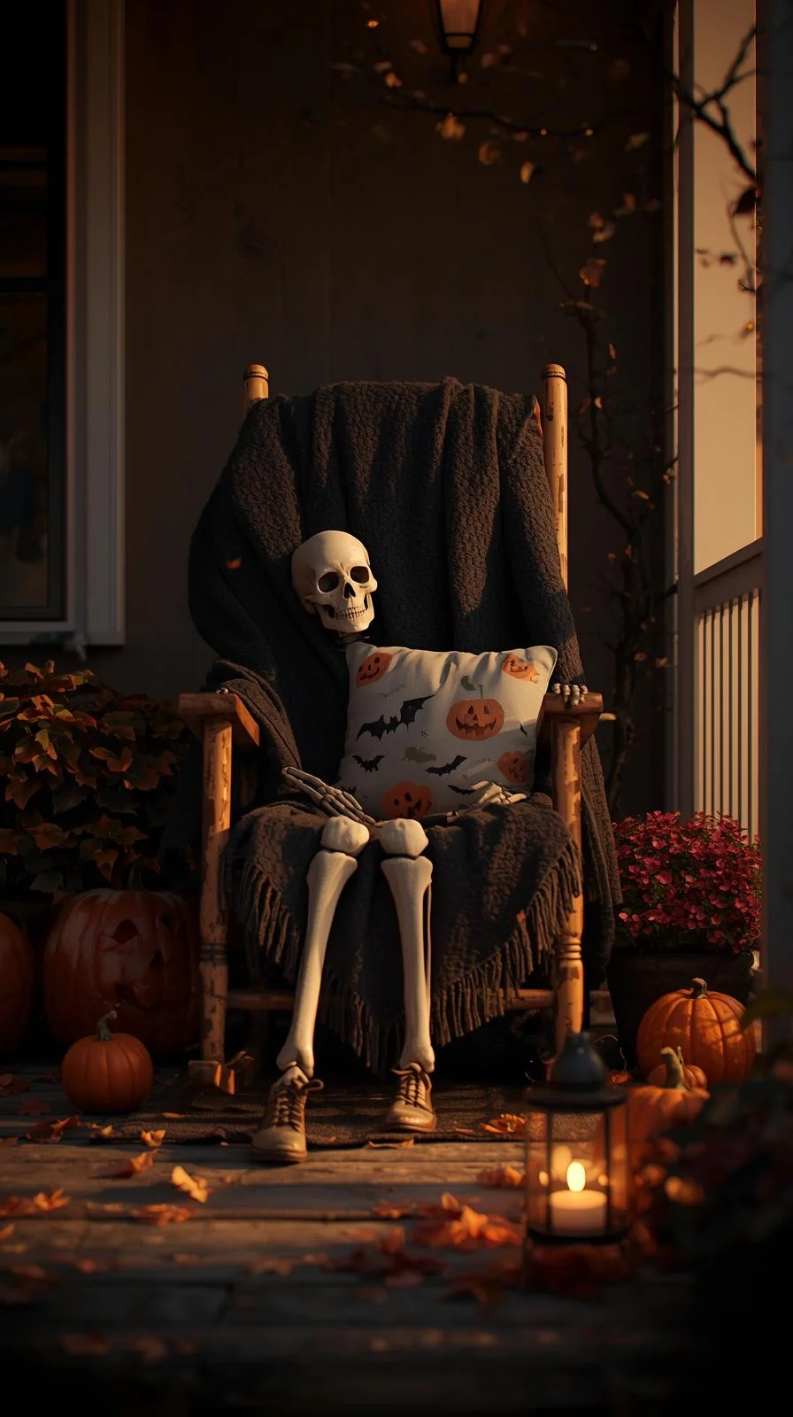 Front porch Halloween ideas featuring a rocking chair with a skeleton, blanket, and Halloween-themed pillow as part of the display.