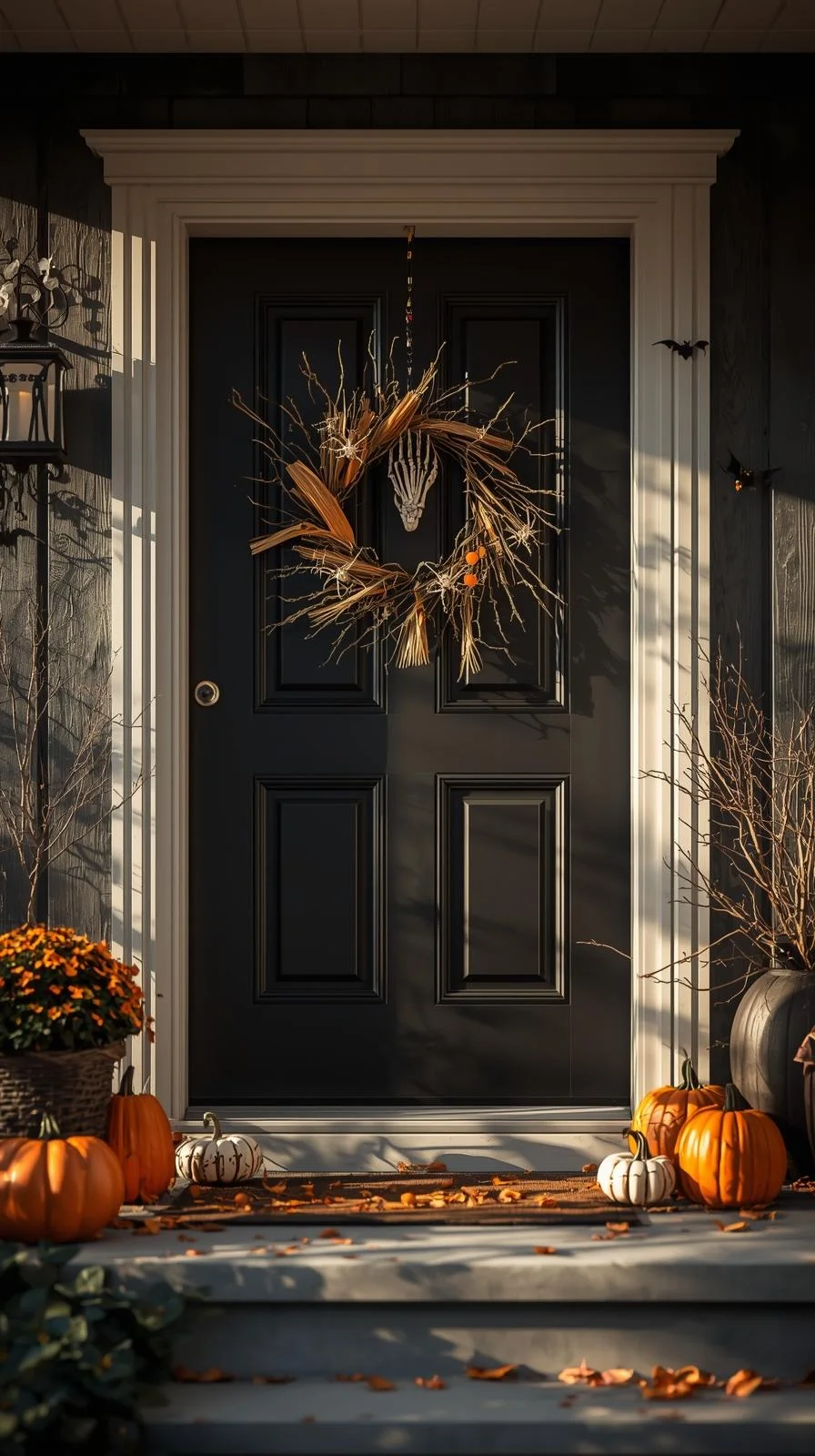 Front porch Halloween ideas with a black door decorated with a spooky wreath, hanging skeleton hands, and bats.