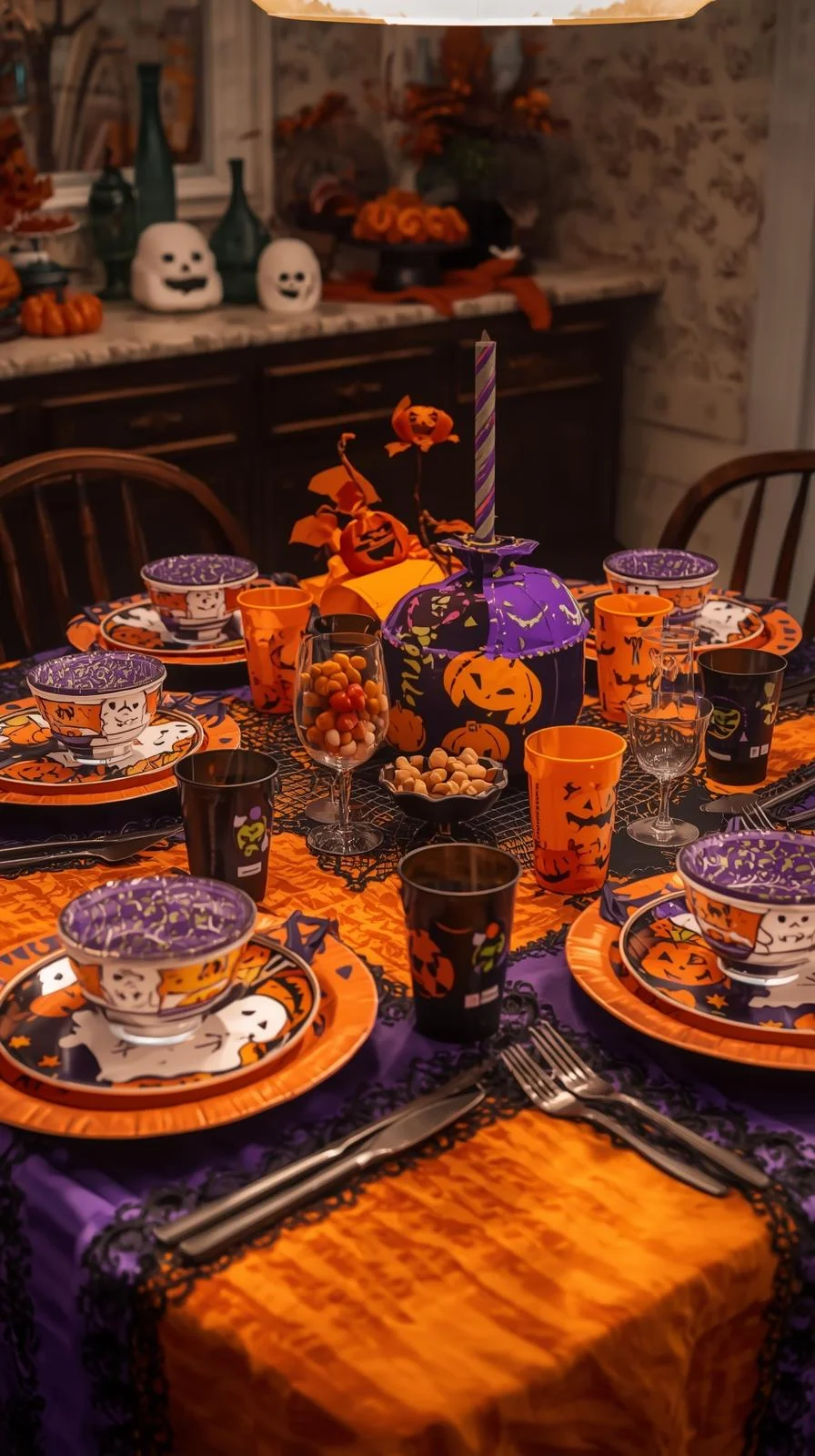 Dining table with 90s-themed Halloween tablecloth, plates, and cups as nostalgic 90s Halloween decorations ideas.