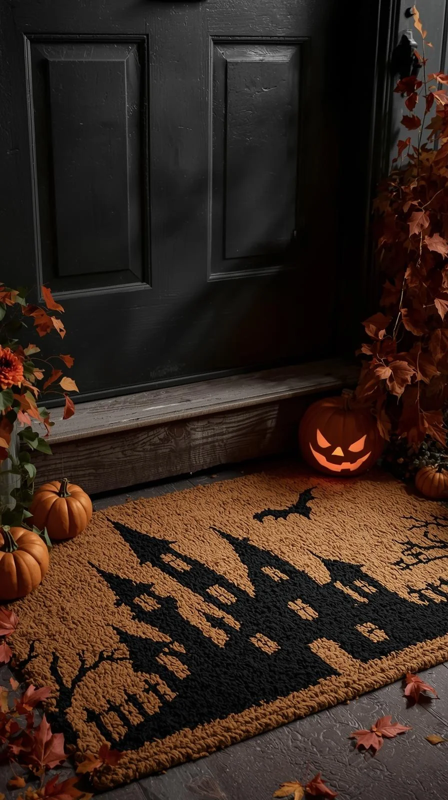 Front porch with DIY haunted house painted doormat as part of creative Halloween doormat painting ideas.