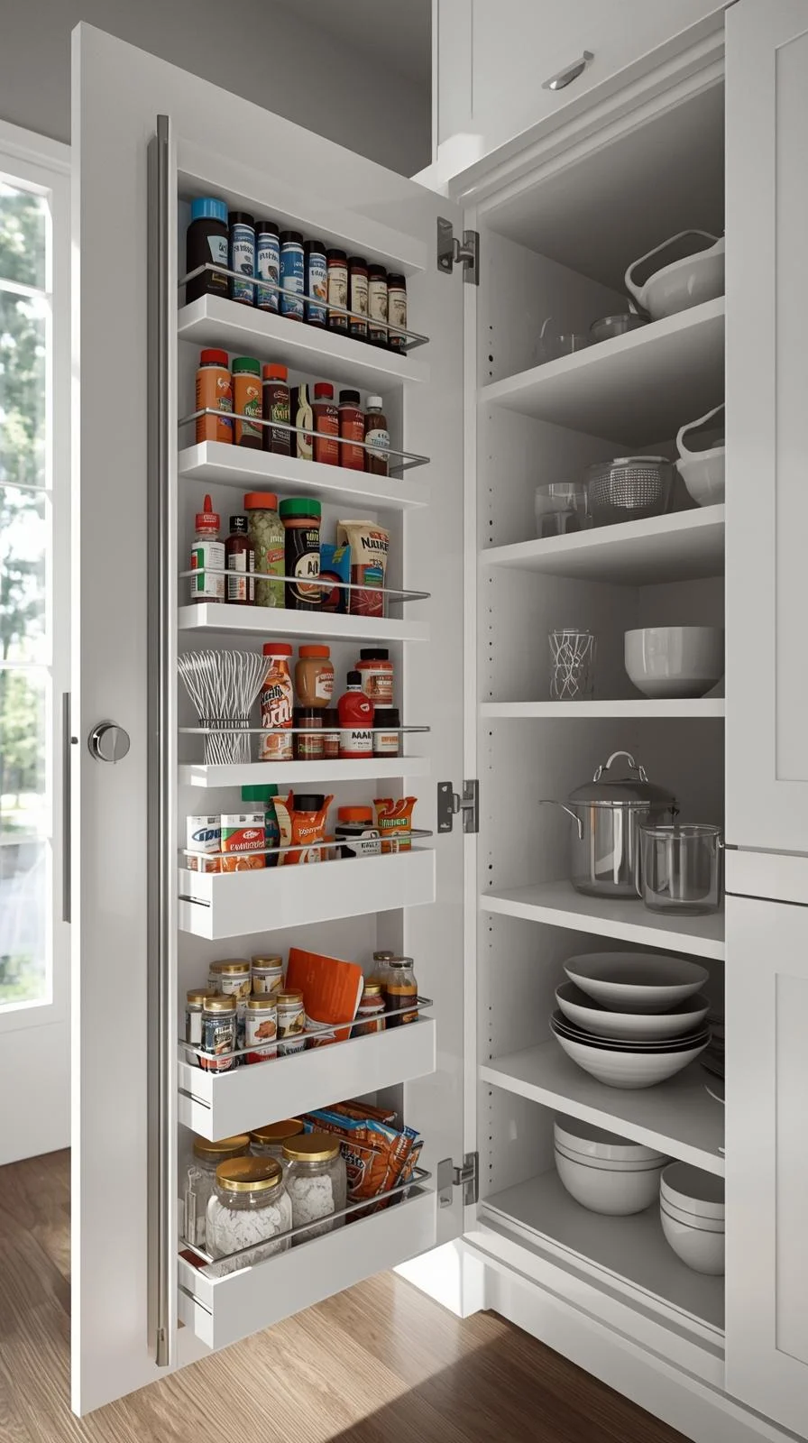 Small space kitchen storage ideas with hidden cabinet door racks holding spices, foil, and snacks without using extra space.