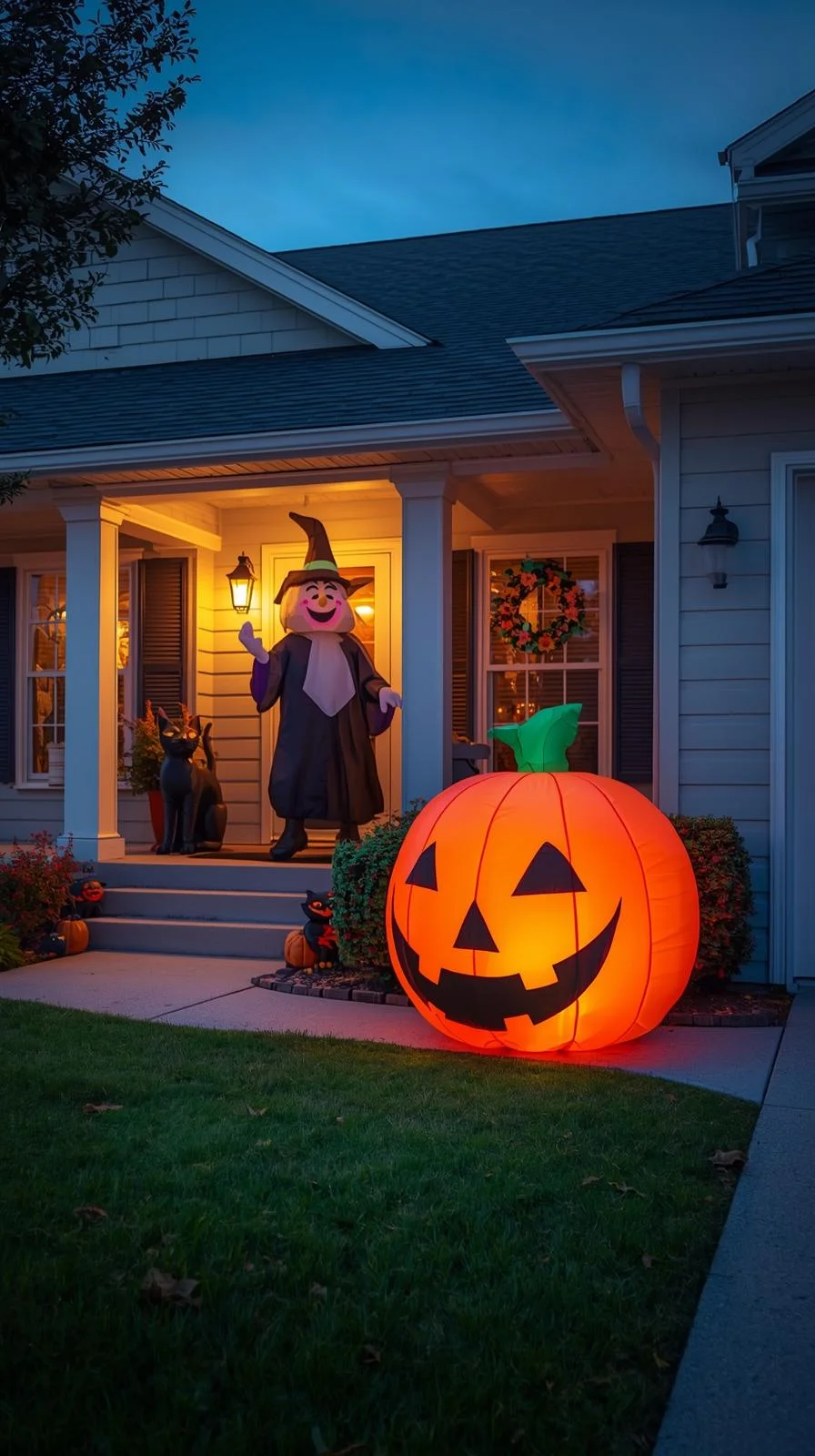 Inflatable pumpkin, witch, and black cat displayed on a suburban lawn as part of 90s Halloween decorations ideas.