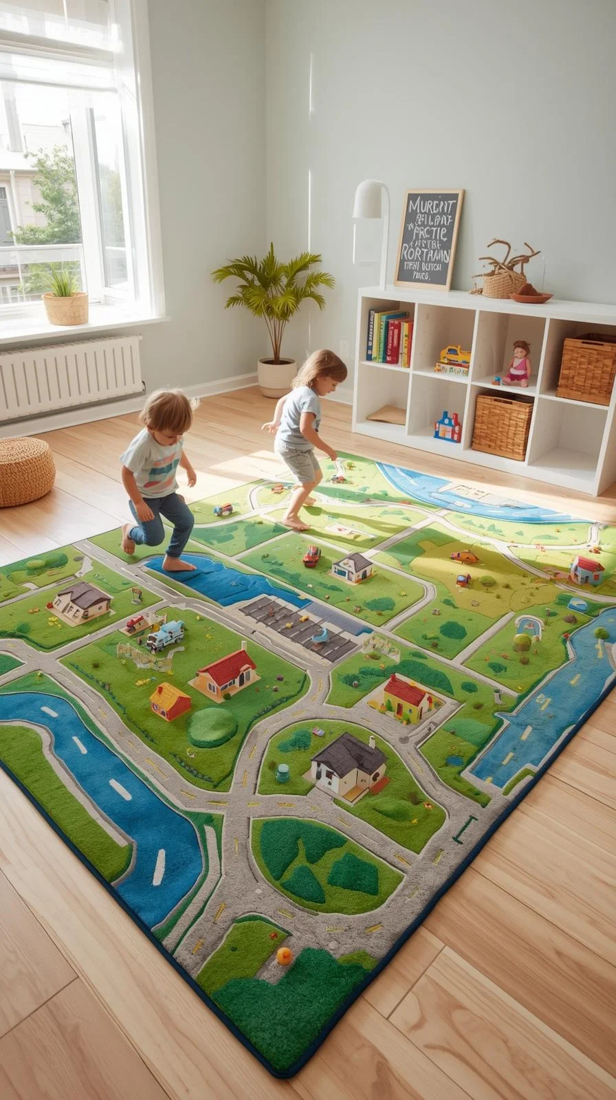 Interactive play mat rug with city street design where kids play with toy cars, showing creative playroom rug ideas.