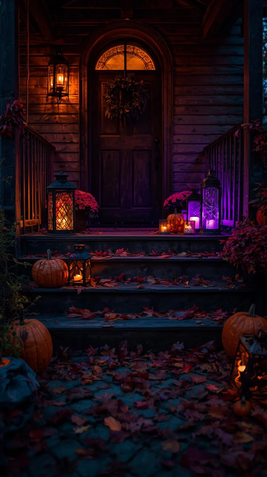 Front porch Halloween ideas with lanterns lighting the steps and doorway, creating a spooky and inviting atmosphere.
