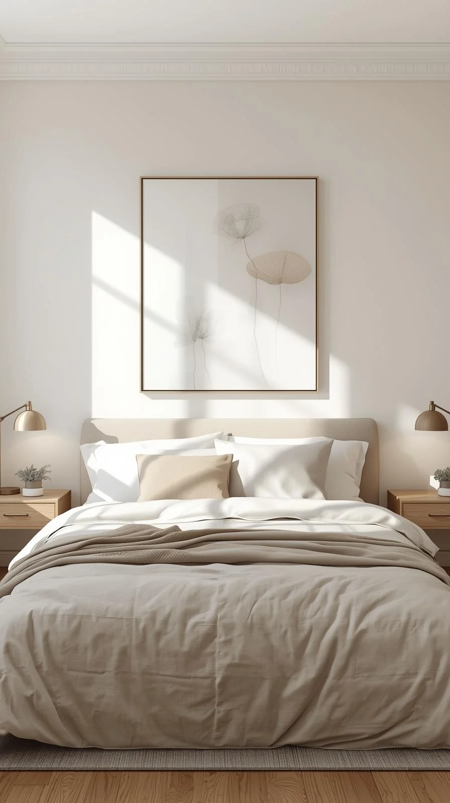 Large-scale wall art above a modern bed showing stylish wall decor ideas for bedroom.