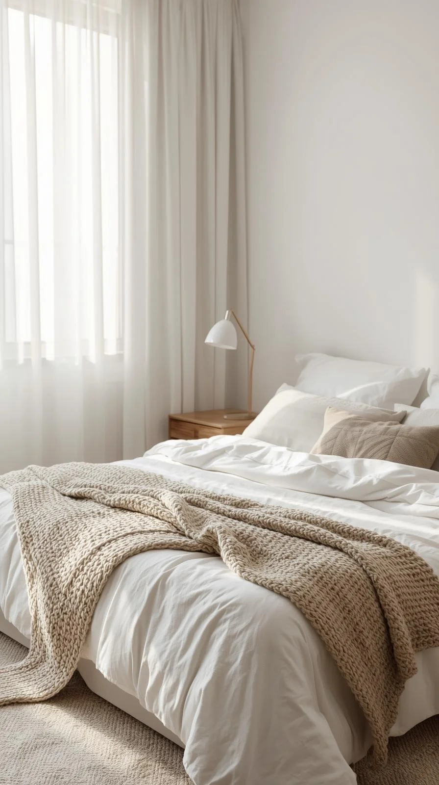 Layered bedding decor ideas for apartments bedroom with cotton sheets, quilt, and knit throw for cozy comfort.
