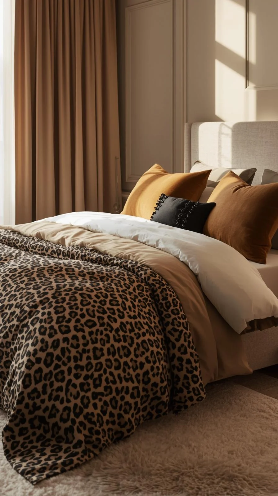 Luxury bedroom with leopard duvet and neutral bedding showcasing stylish leopard room ideas bedrooms.