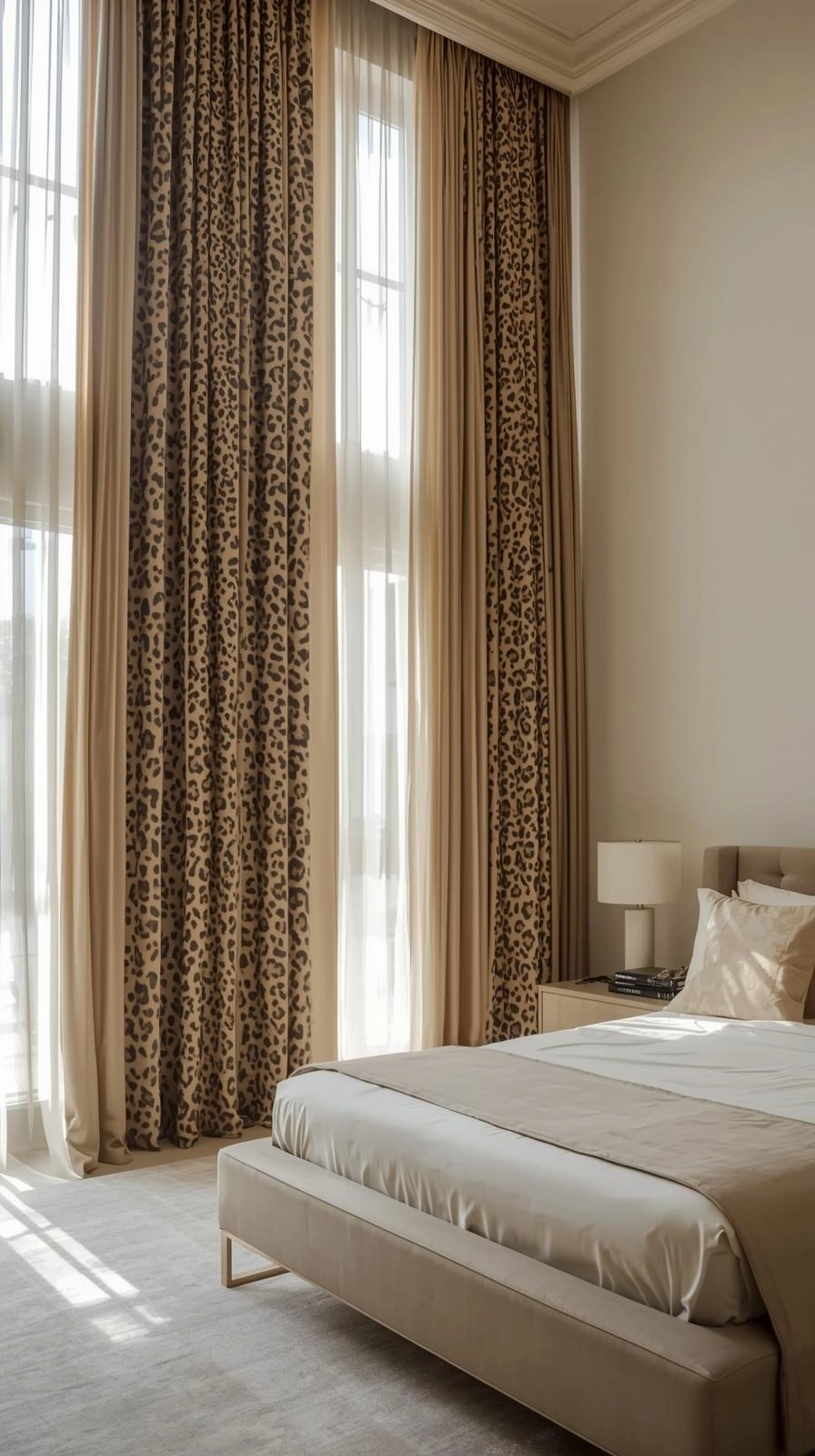 Luxury bedroom with tall leopard print curtains and neutral bedding, showcasing bold leopard room ideas bedrooms.