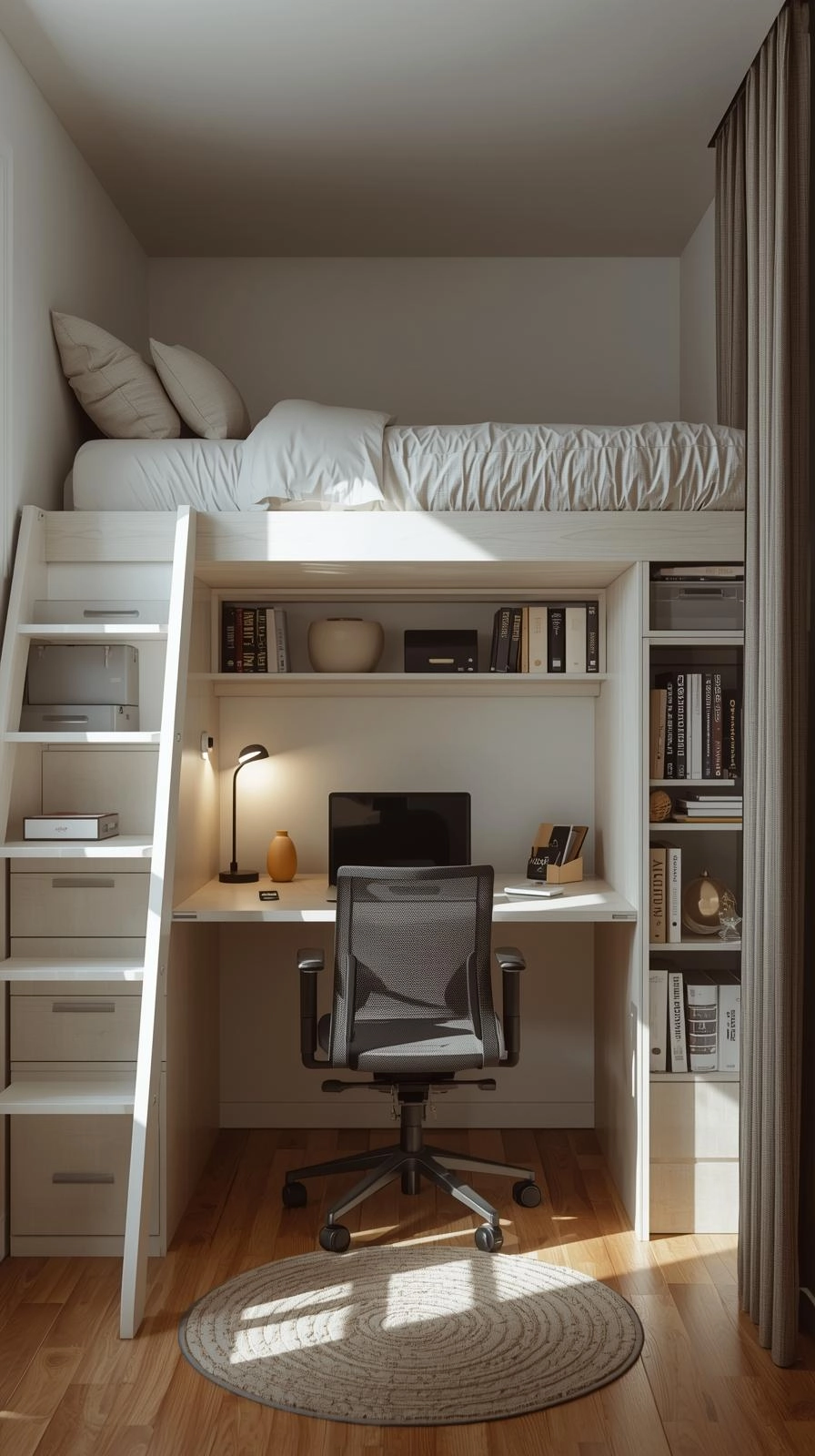Small bedroom with loft bed above and office desk below, showing space-saving office bedroom combo ideas.