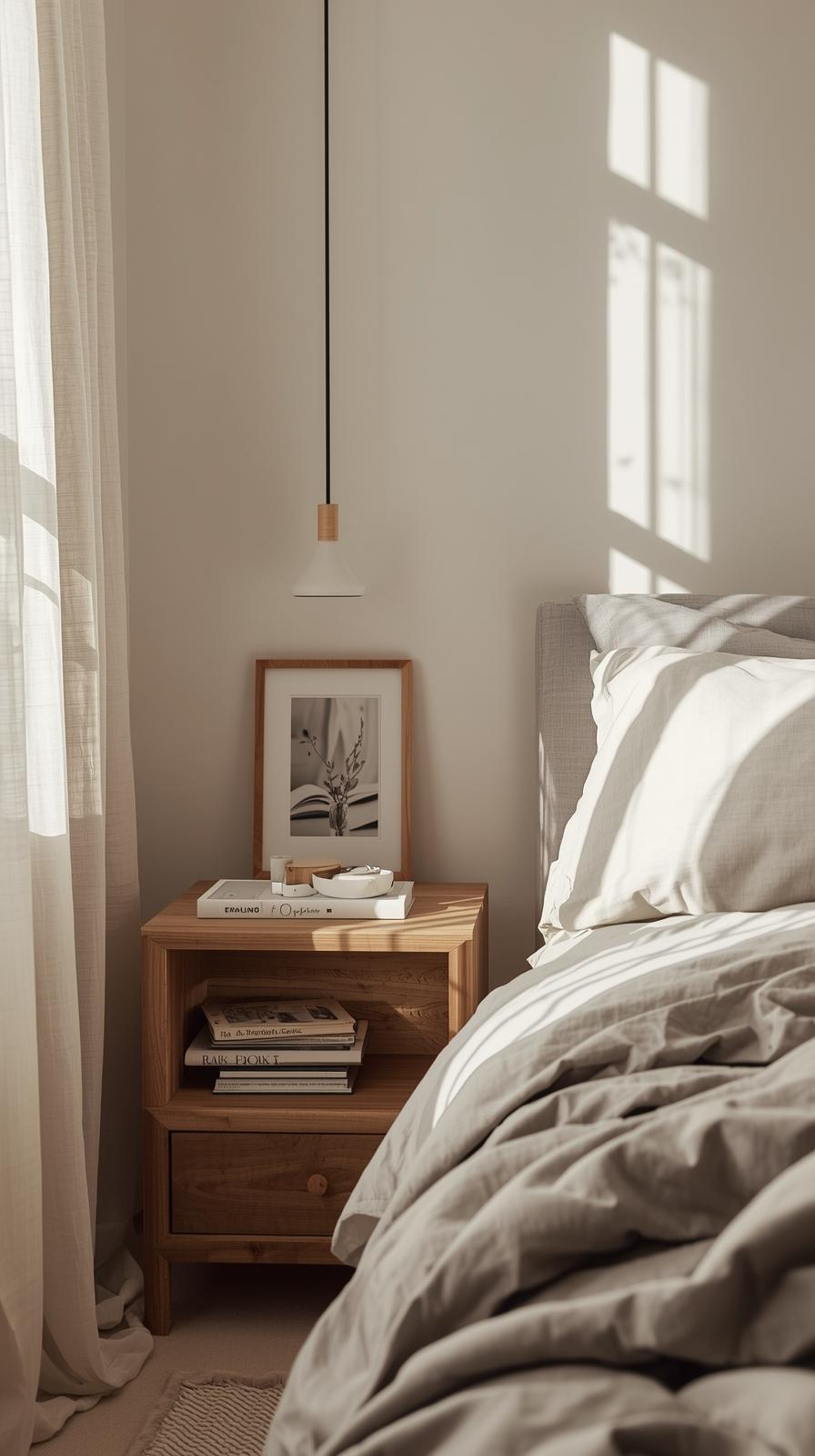 Minimalist bedroom decor inspiration with purposeful accents like books, ceramic dish, and framed photo on a wooden nightstand.