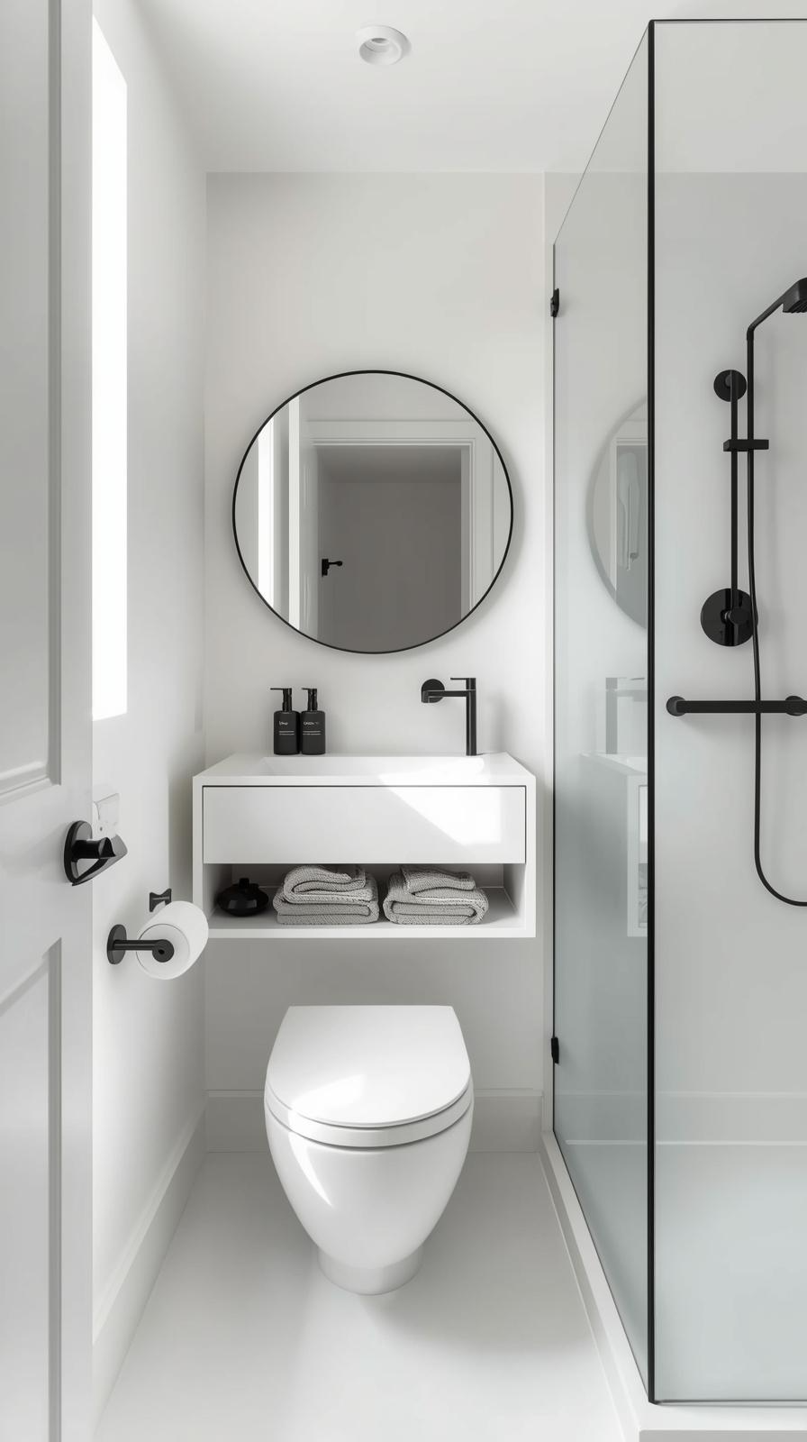 Modern small bathroom design ideas with minimalist fixtures, floating vanity, wall-mounted toilet, and frameless glass shower.