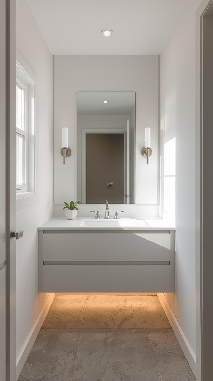 Modern small bathroom design ideas with natural daylight, mirror reflection, wall sconces, and layered lighting for brightness.