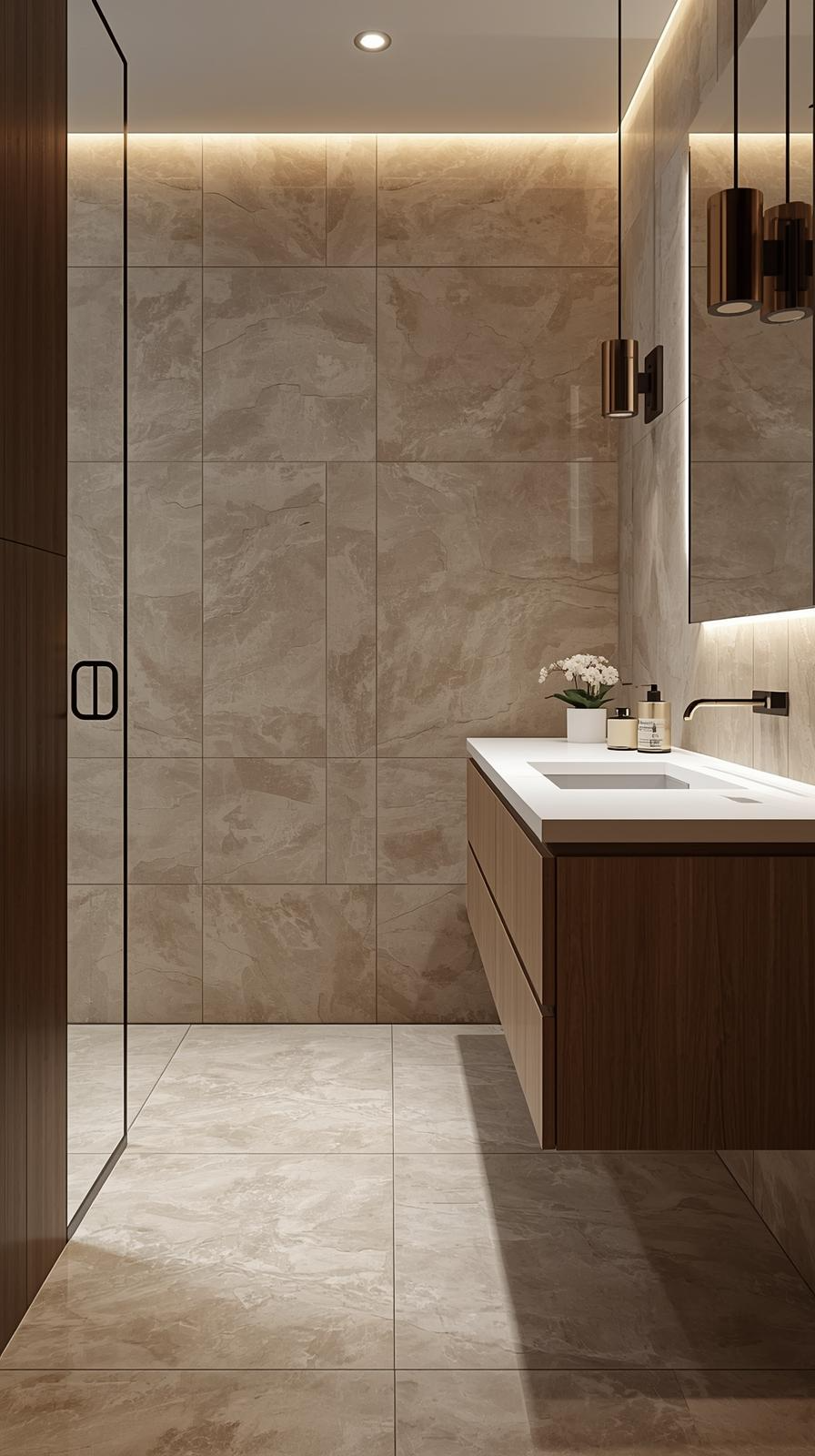 Modern small bathroom design ideas with stone-look tiles, matte finishes, warm wood vanity, and brass accents for timeless warmth.