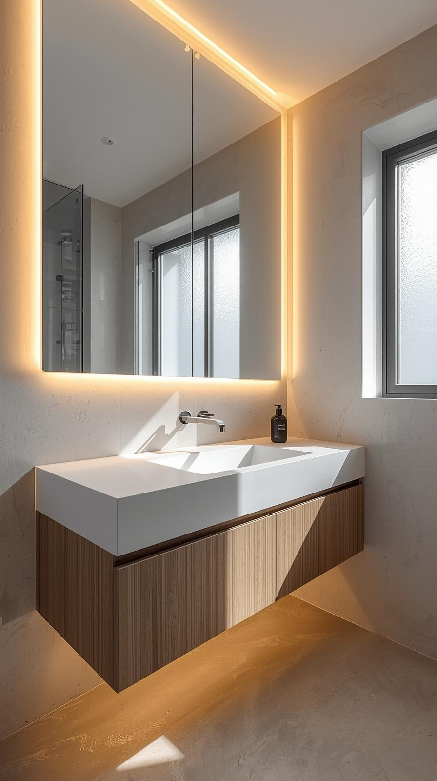 Modern small bathroom design ideas with wall-to-wall mirror, LED lighting, and floating vanity to expand light and space.