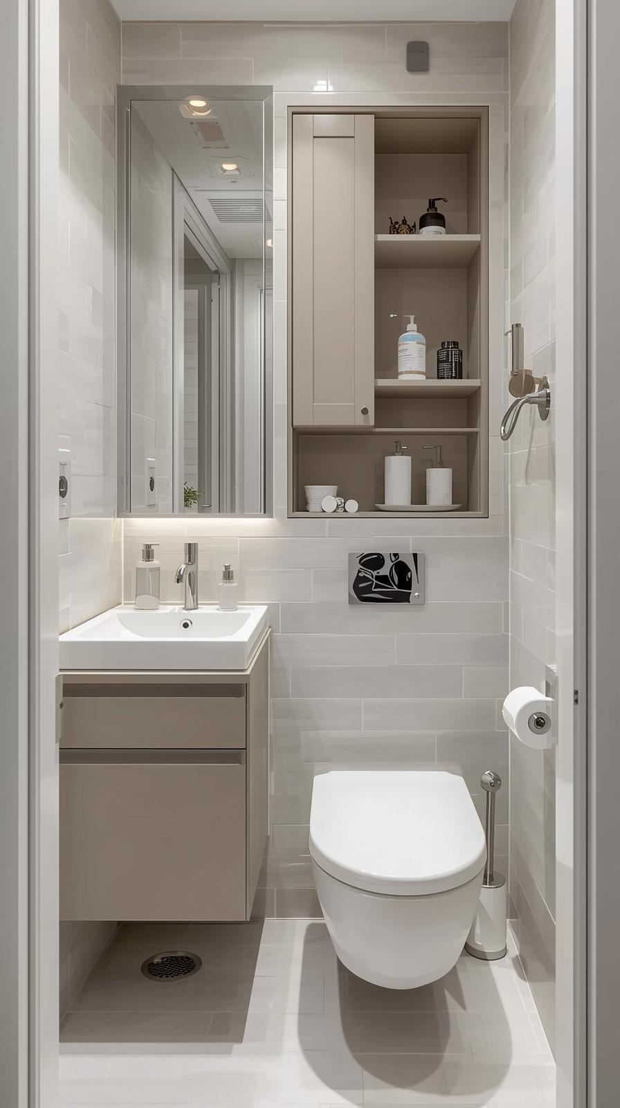 Modern tiny full bathroom pocket layout with slim vanity, recessed shower shelves, and hidden cabinet above toilet.