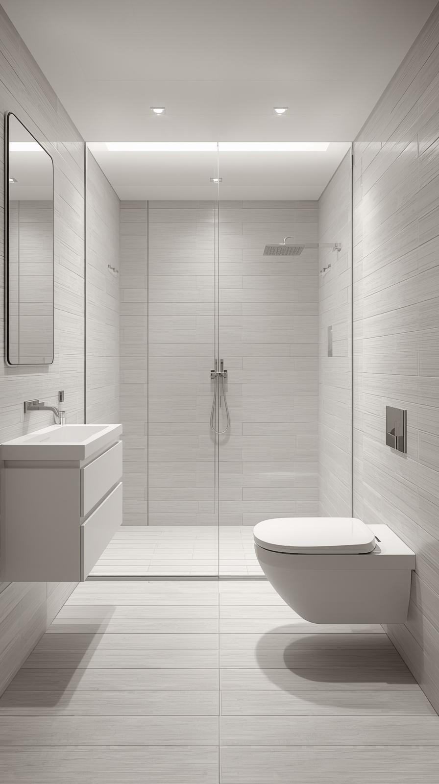 Modern tiny full bathroom wet room with seamless tiles, wall-mounted fixtures, and frameless glass divider.