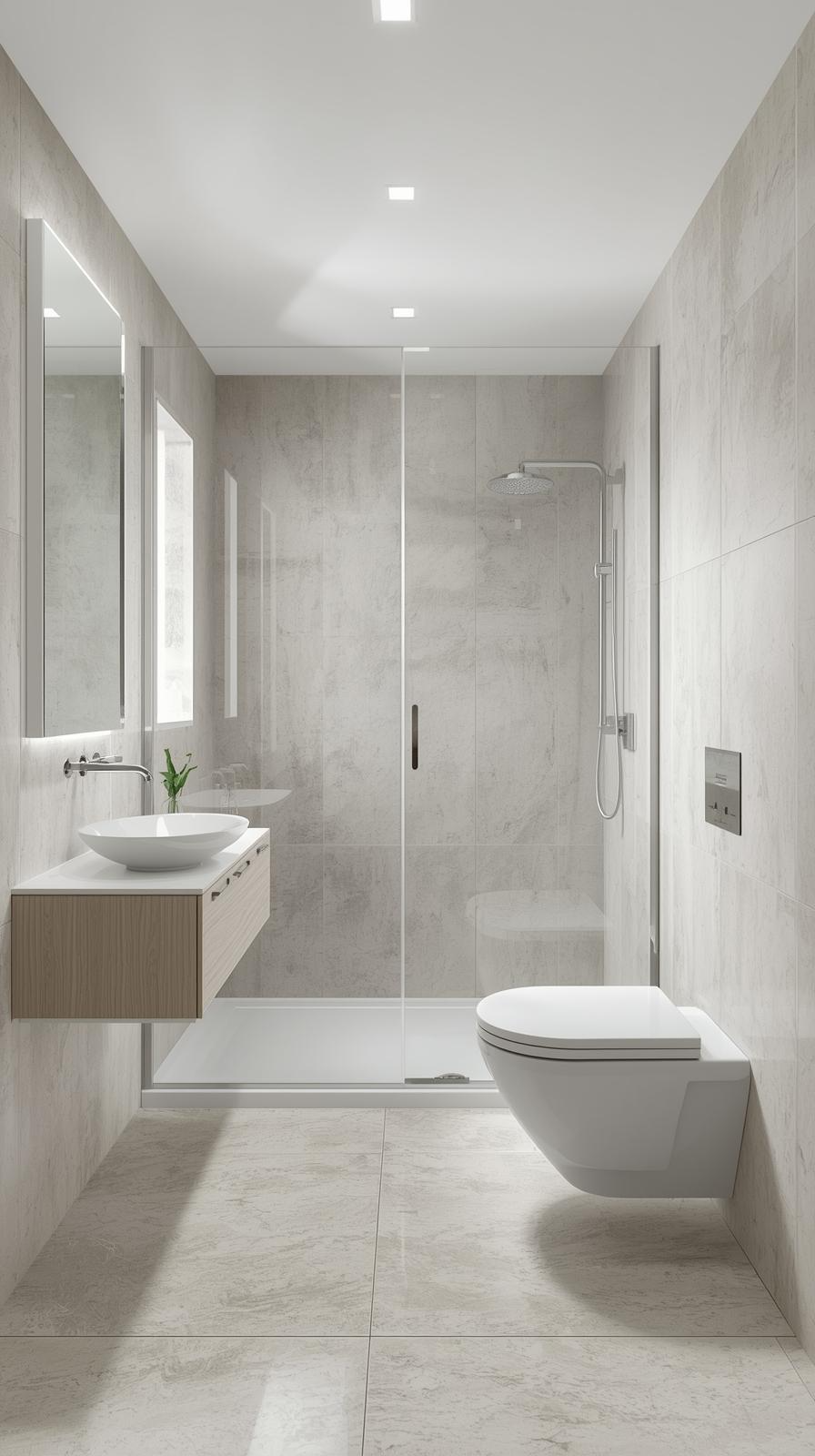 Modern tiny full bathroom with a frameless glass-wrapped shower, floating vanity, and wall-mounted toilet.