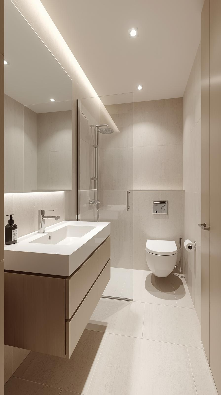 Modern tiny full bathroom with a hidden walk-in shower behind the vanity, creating a clean and uncluttered look.