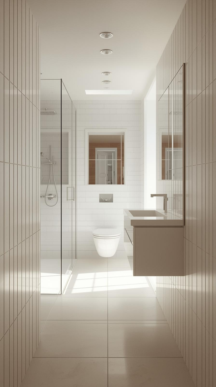 Modern tiny full bathroom with a linear layout featuring a glass shower, floating vanity, and wall-mounted toilet.