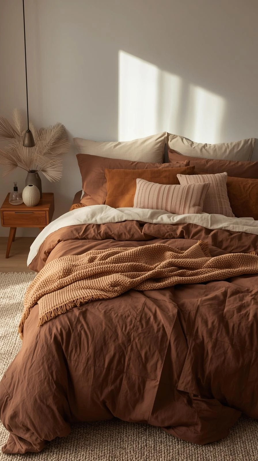 Brown bedding aesthetic with monochrome layers of mocha quilt, caramel pillows, and tan throw for a cohesive and calming bedroom look.