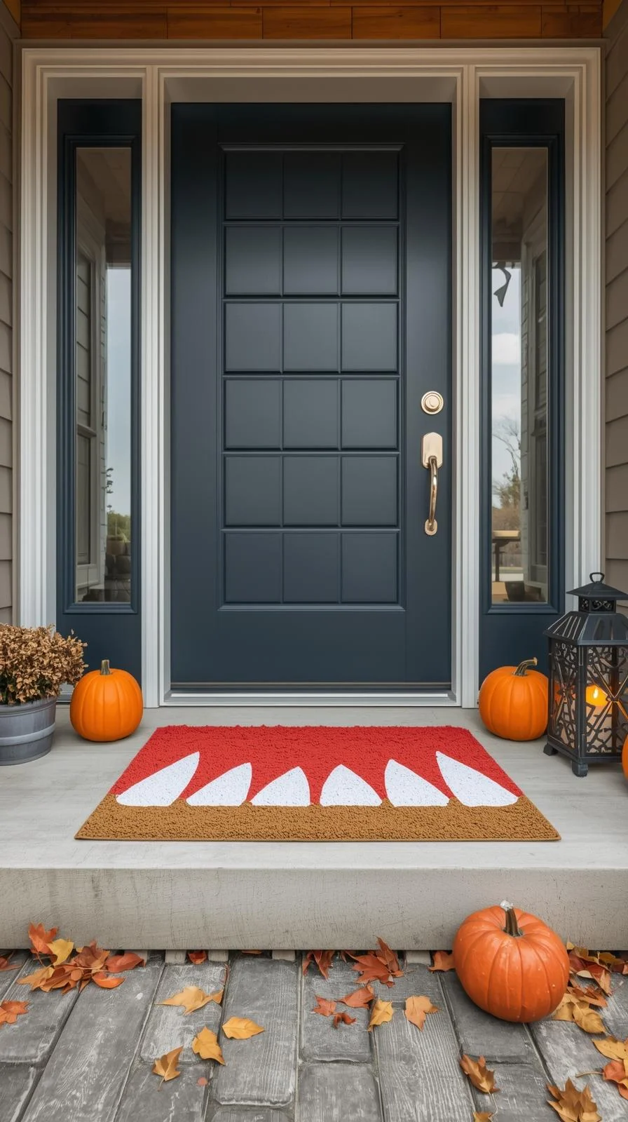Front porch with DIY monster mouth painted doormat as part of playful Halloween doormat painting ideas.