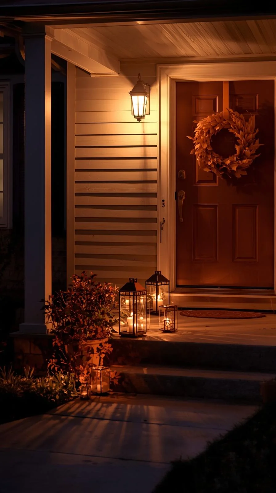 Front porch glowing with orange bulb and lanterns, showing outdoor Halloween decorations ideas with simple lighting.