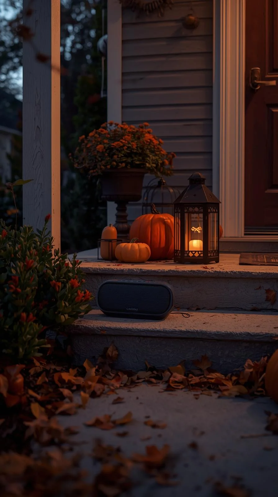 Porch with pumpkins, lanterns, and a hidden speaker, showing outdoor Halloween decorations ideas with sound.