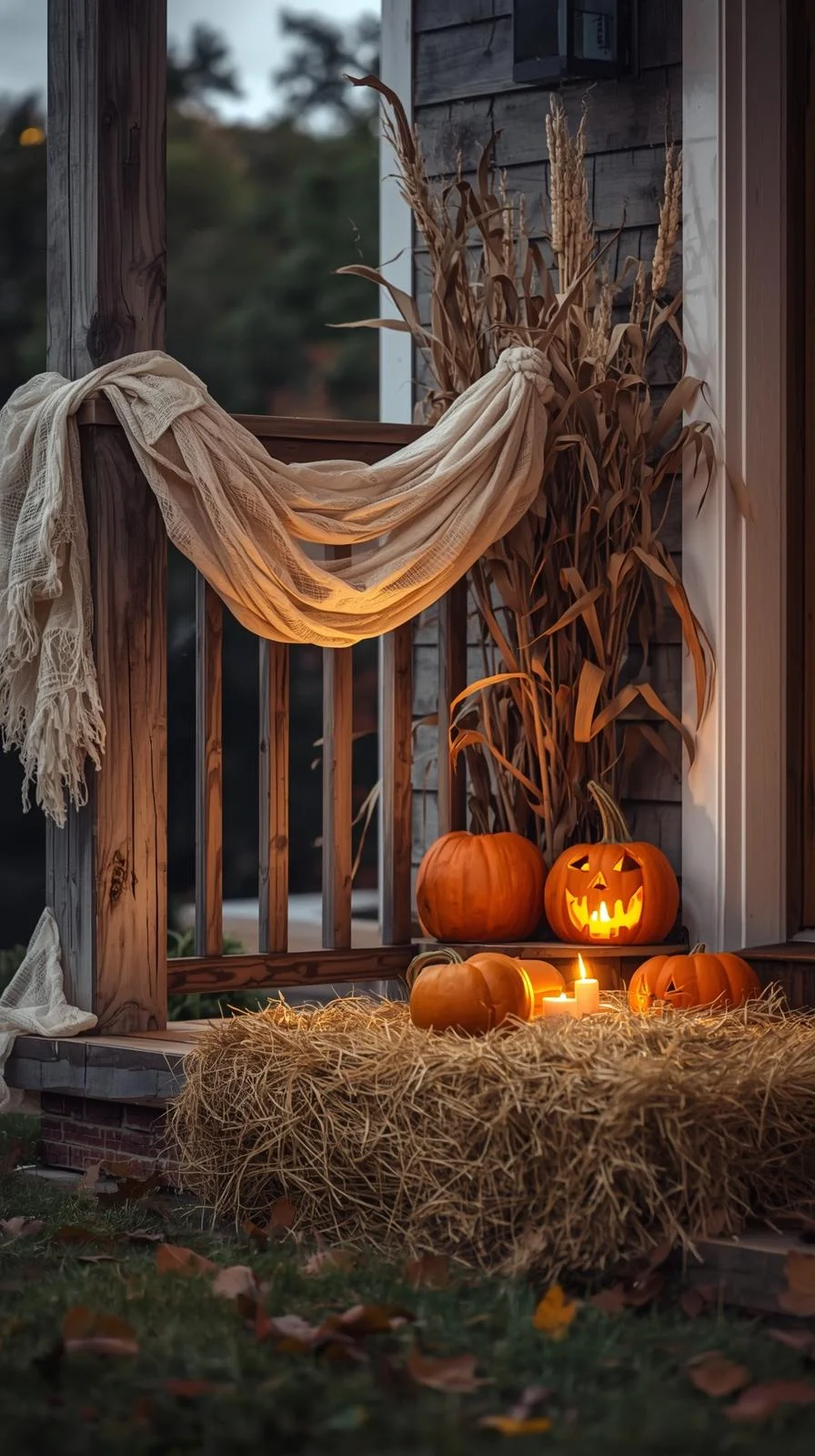 Porch with hay bale, cornstalks, pumpkins, and cloth, showing outdoor Halloween decorations ideas with textures.