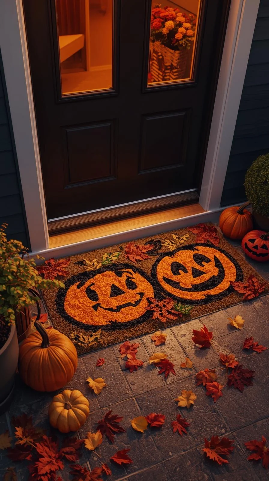 Front porch with painted pumpkin face doormat showing DIY Halloween doormat painting ideas with festive pumpkins
