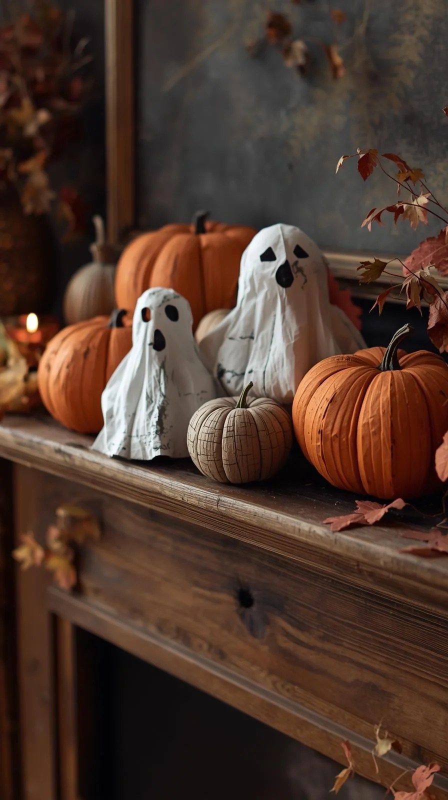 Handmade paper mache pumpkins and ghosts with rough textures as nostalgic 90s Halloween decorations ideas.