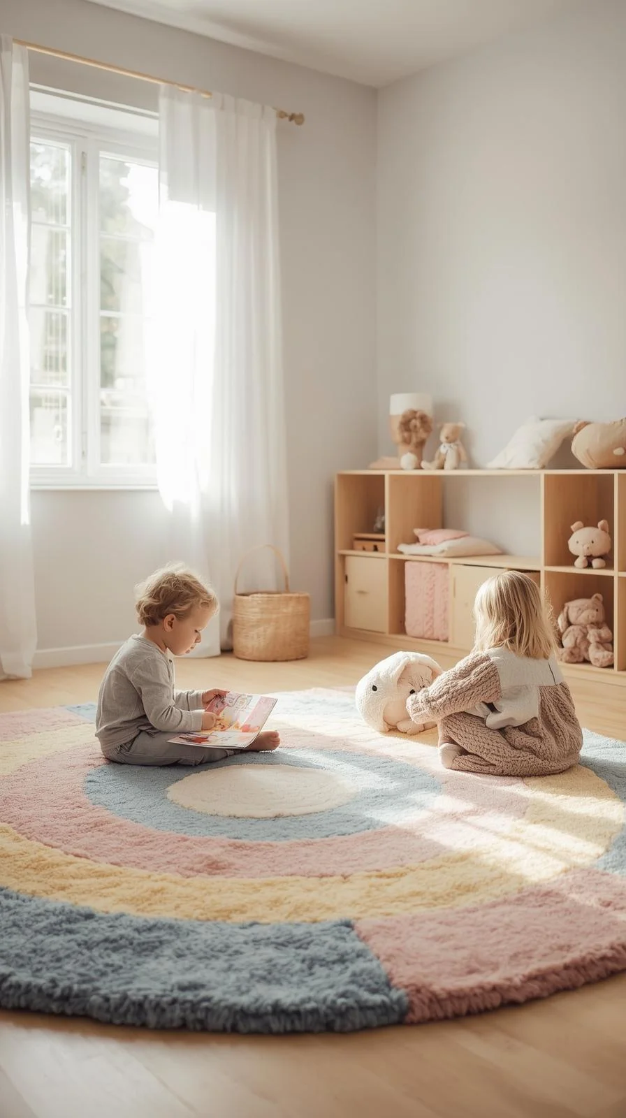 Pastel multi-color rug in a calm playroom where kids read and play, showing soothing playroom rug ideas for shared spaces.