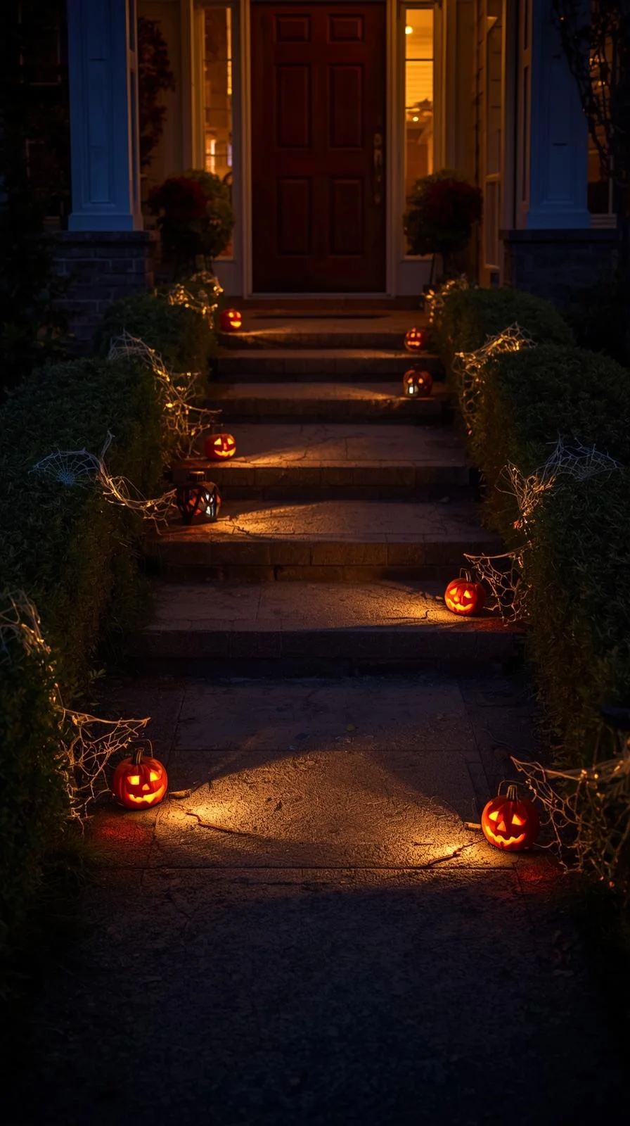 Walkway lined with pumpkins, lanterns, and webs, showing outdoor Halloween decorations ideas for pathways.