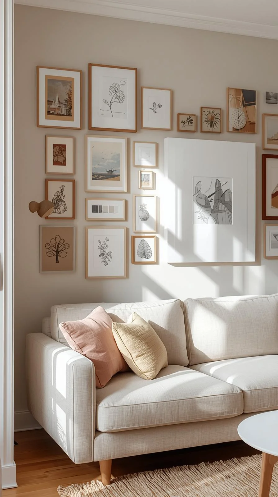 Small apartment aesthetic cozy living room with a gallery wall of framed art above a beige sofa, creating a personal inviting space.