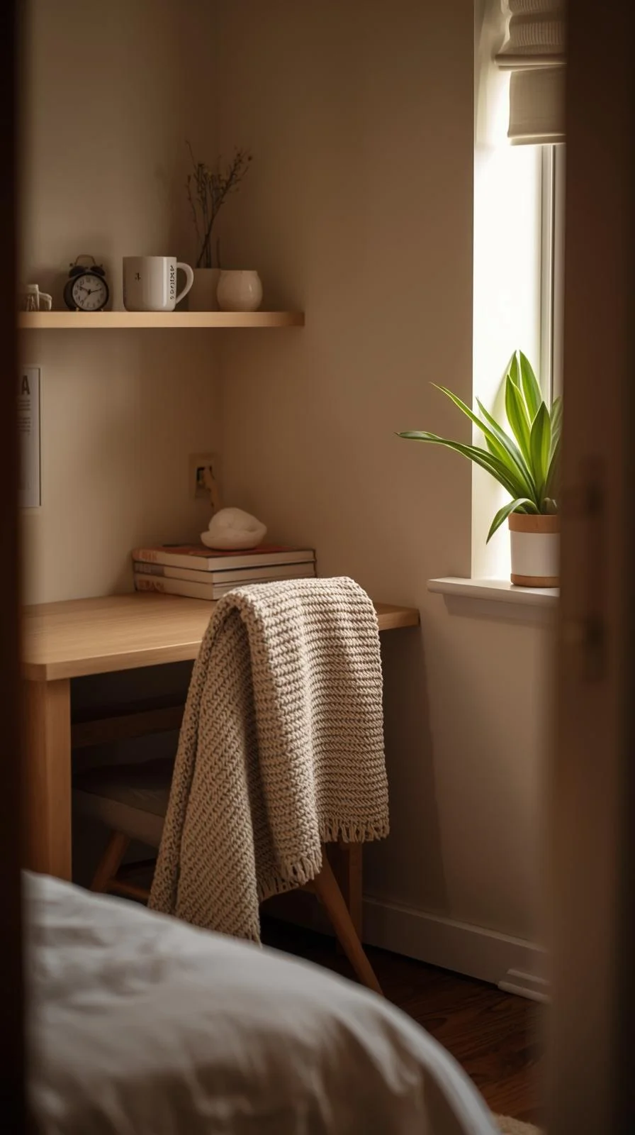 College dorm room decor ideas with a favorite mug, clock, and blanket adding personal touches to the space.