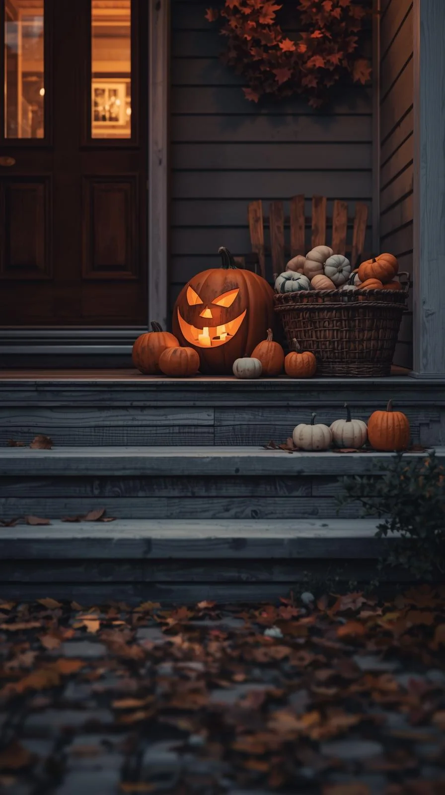 Realistic porch display with pumpkins of different sizes and styles, showing simple outdoor Halloween decorations ideas.