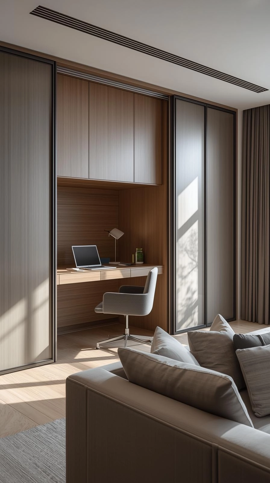 Multipurpose room with built-in home office nook, laptop desk, and sliding panels that conceal the workstation when not in use.