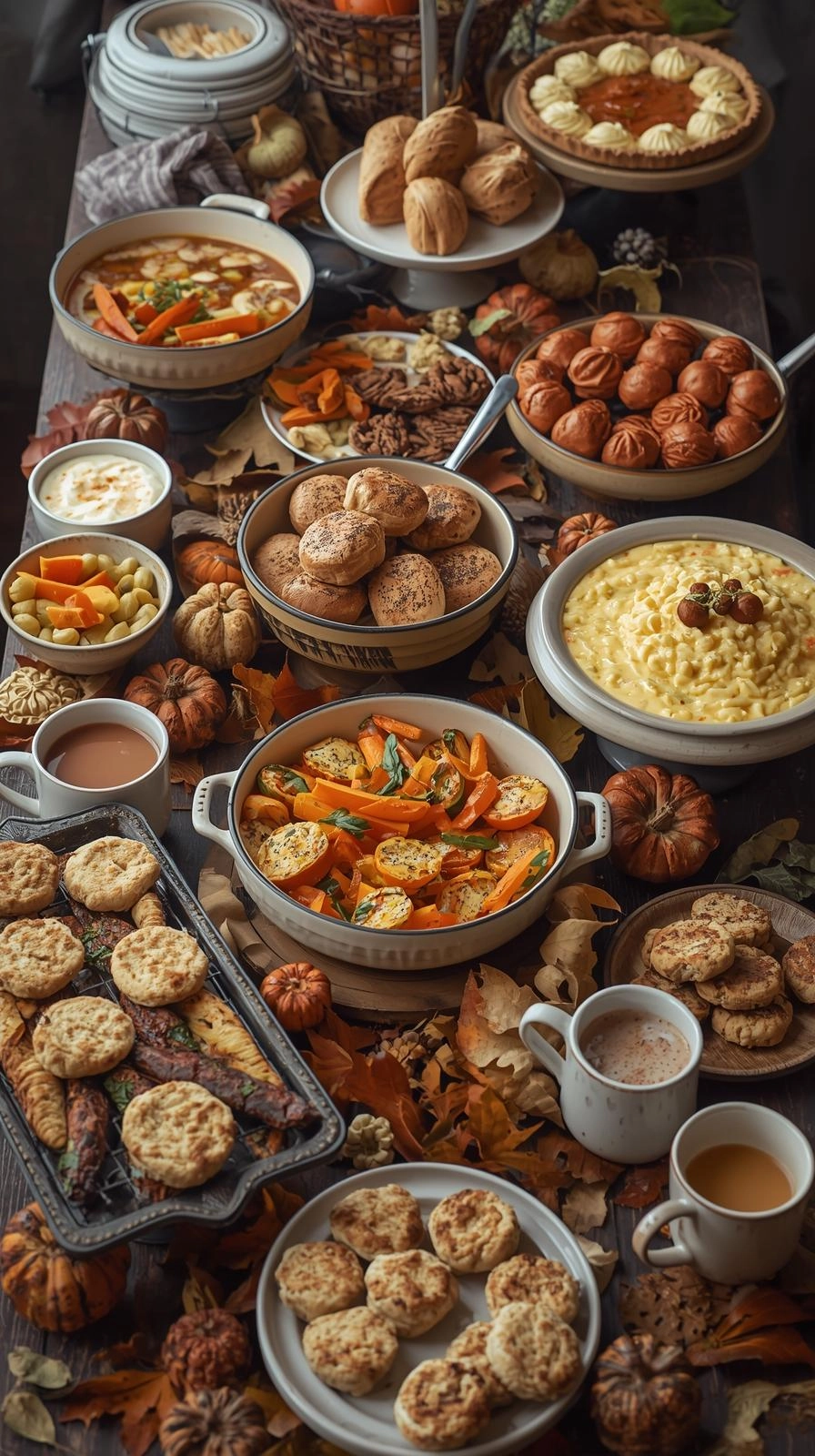 Fall baby shower comfort food table with soups, breads, mac and cheese, pies, and spiced cider.