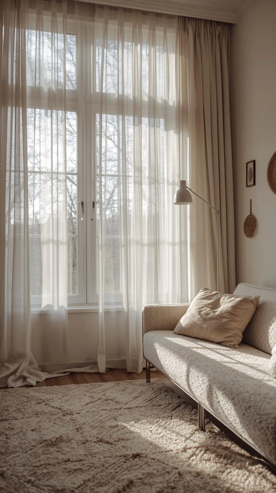 Sheer curtains for living room windows allowing natural light to create a soft, airy glow in a bright modern space.