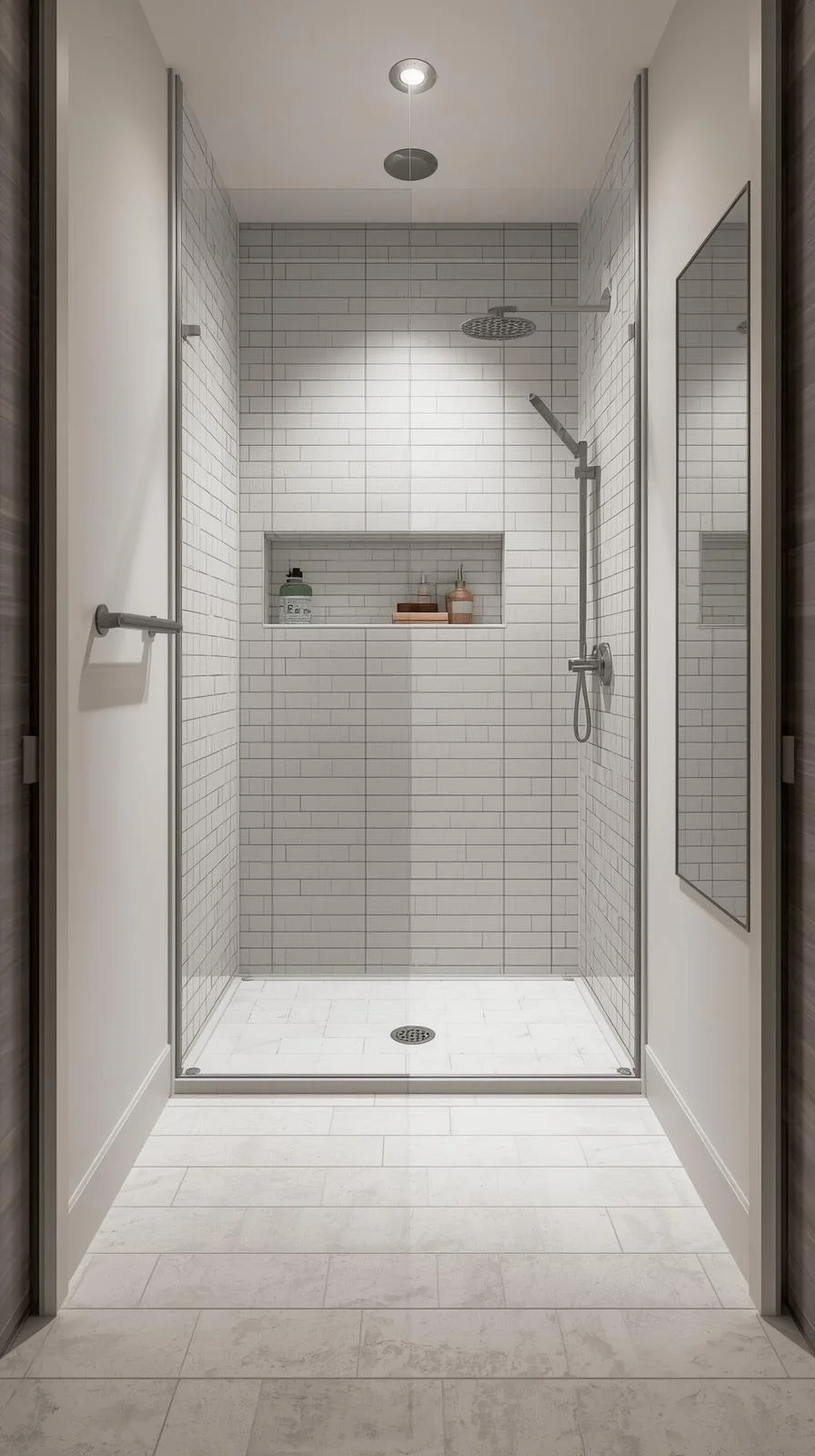 Small bathroom walk in shower with wall no door ideas using corner layout, linear drain, and seamless tiles.