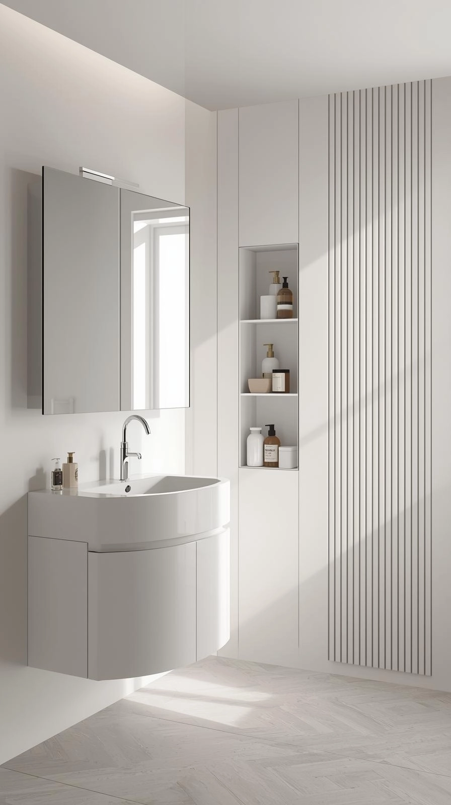 Minimalist small bathroom with hidden storage including a mirrored medicine cabinet and recessed shower niche for a clean look.