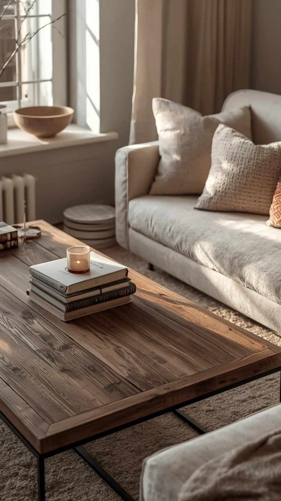 Small apartment aesthetic cozy living room with candle, books, and ceramic bowl adding warm personal details.