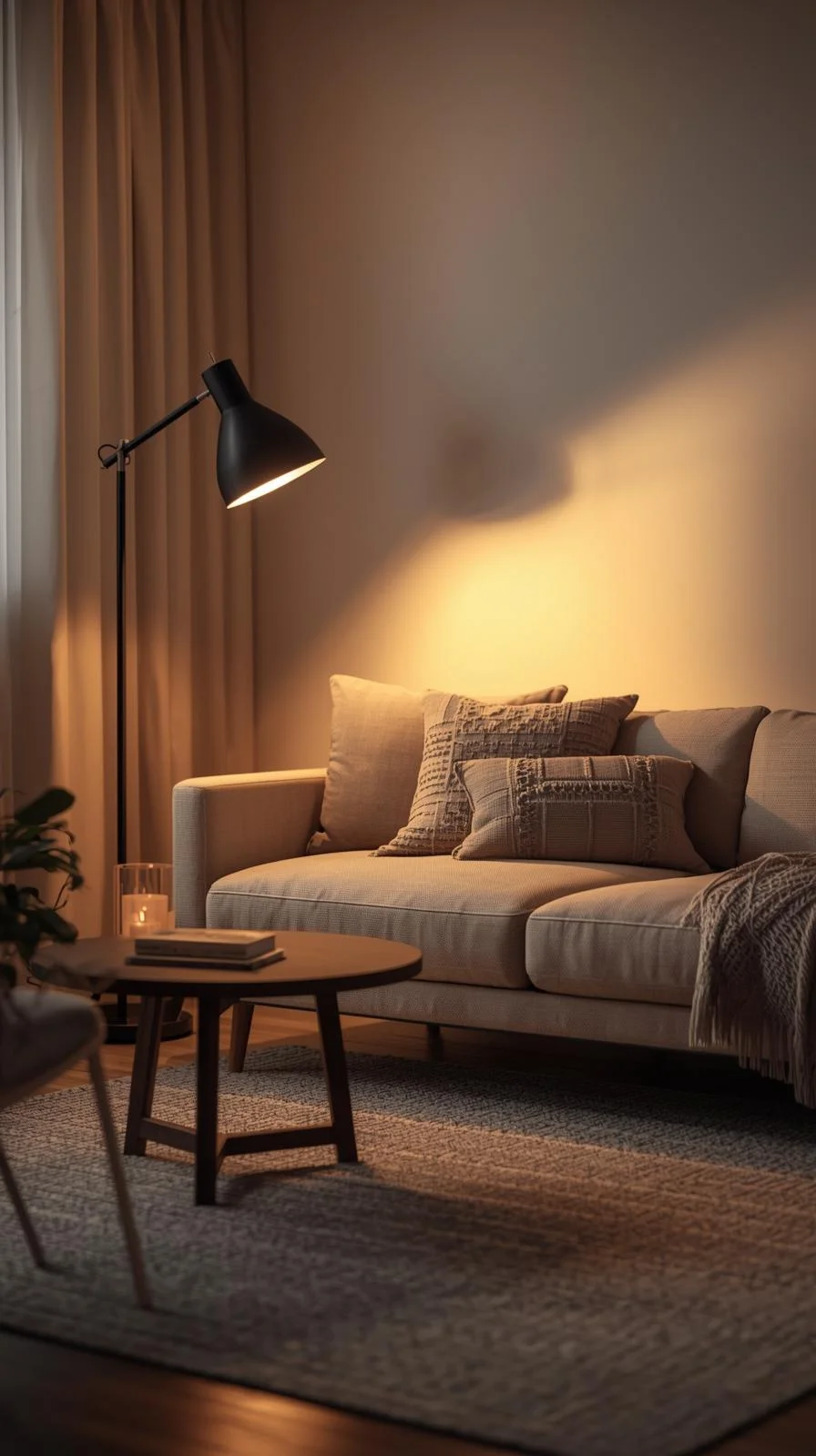 Small apartment aesthetic cozy living room with soft layered lighting, warm-toned lamps, and neutral modern furniture.