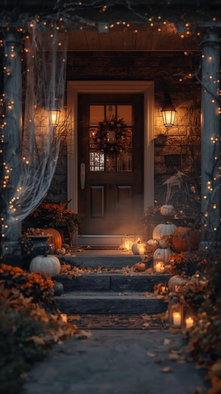 Front porch Halloween ideas showing hidden speakers and spooky decorations creating an immersive, eerie atmosphere.