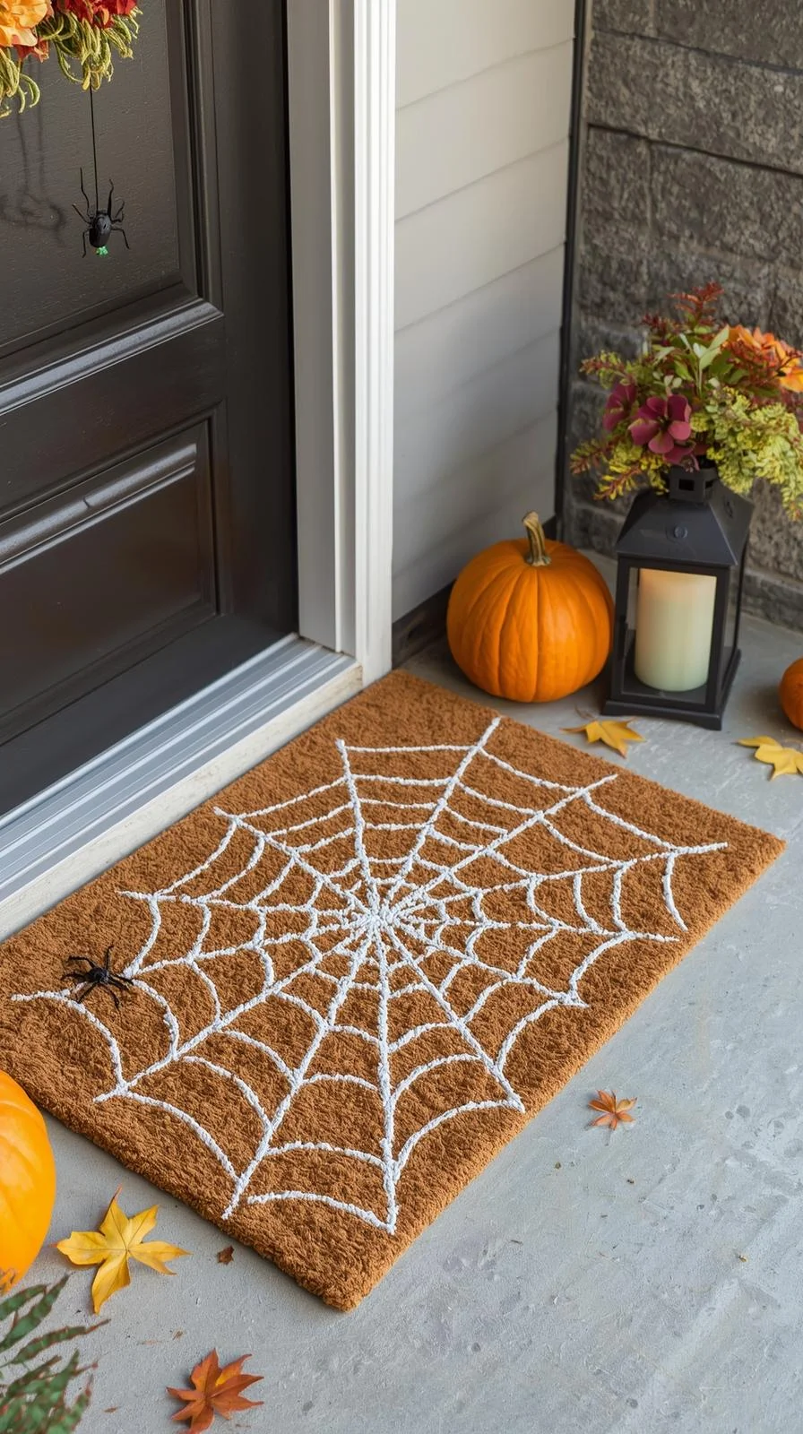 Front porch with DIY spiderweb painted doormat showing elegant Halloween doormat painting ideas.